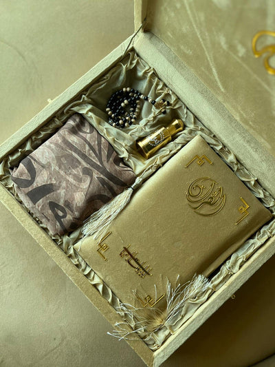 Tazkira Golden Quran Gift Set – With Scarf, Gold Tasbih, Ittar & Prayer Mat