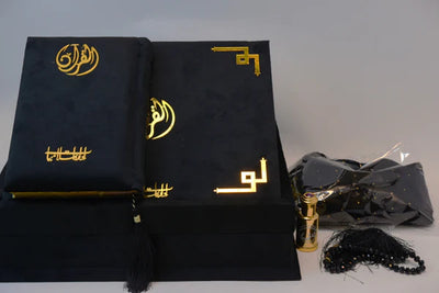 Black Velvet Tazkira Quran Gift Set – With Custom Tasbih, Ittar & Prayer Mat