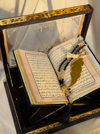 Ziwaj Transparent Black Velvet Quran Set – With Tasbih, Ittar & Prayer Mat