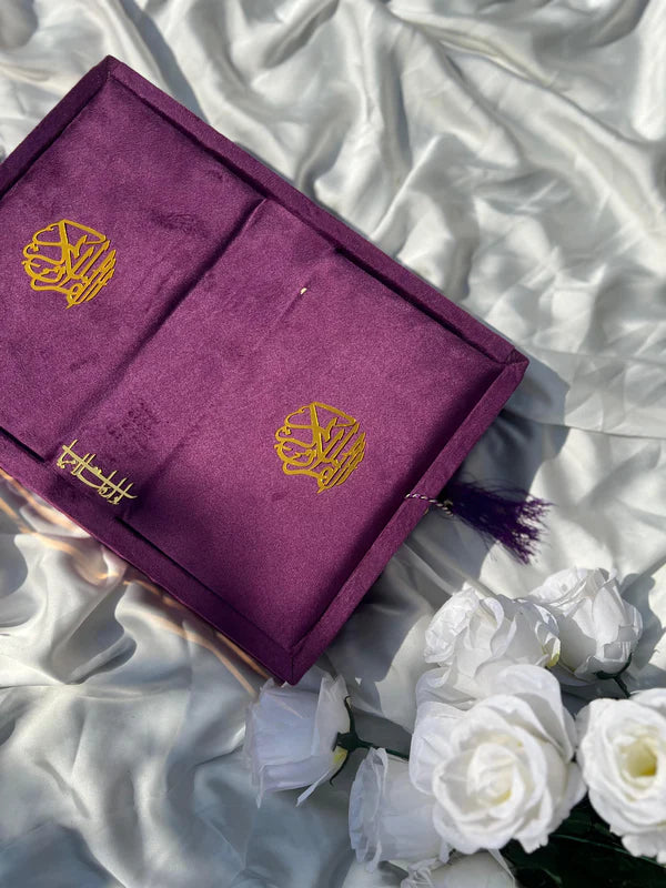 Purple Velvet Quran Gift Set – Tasbih & Attar Included