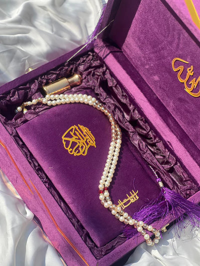 Purple Velvet Quran Gift Set – Tasbih & Attar Included