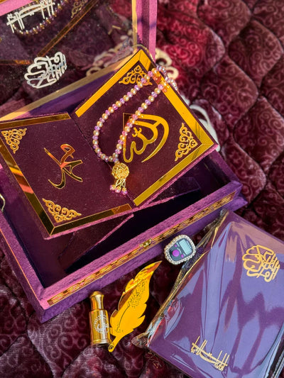 Ziwaj Purple Transparent Quran Gift Set – With Tasbih, Ittar & Prayer Mat