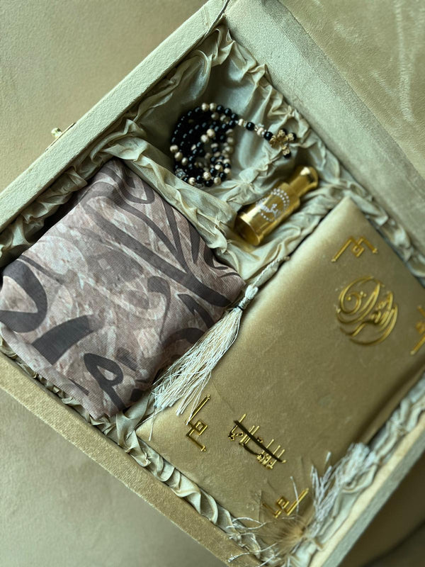 Tazkira Golden Quran Gift Set – With Scarf, Gold Tasbih, Ittar & Prayer Mat