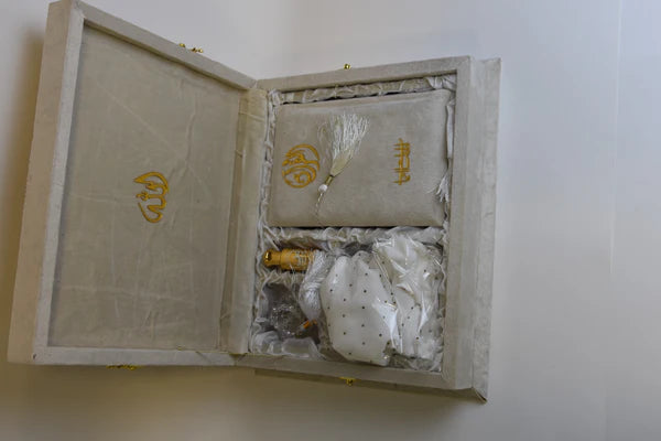 White Velvet Tazkira Quran Gift Set – With Custom Tasbih, Ittar & Prayer Mat