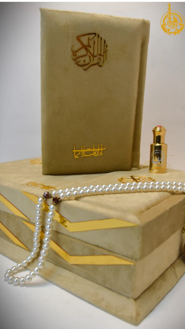 Golden Velvet Bridal Quran Set – With Tasbih & Attar