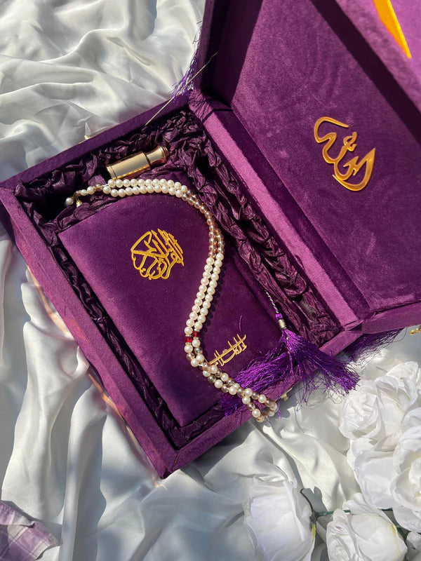 Purple Velvet Quran Gift Set – Tasbih & Attar Included