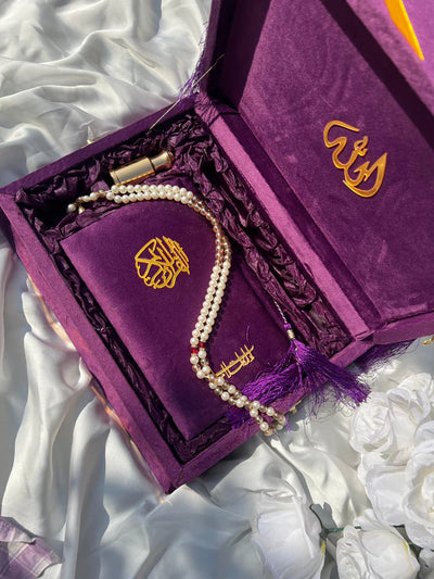Purple Velvet Quran Gift Set – Tasbih & Attar Included