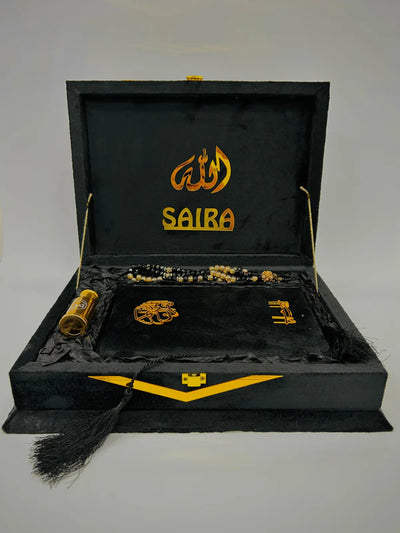 Black Velvet Tazkira Quran Gift Set – With Custom Tasbih, Ittar & Prayer Mat