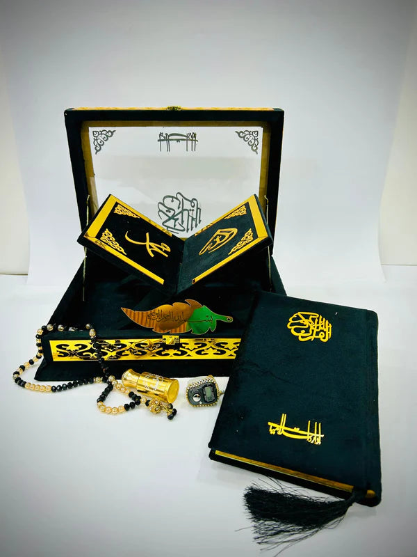 Ziwaj Transparent Black Velvet Quran Set – With Tasbih, Ittar & Prayer Mat