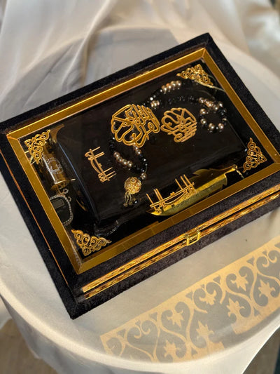 Ziwaj Transparent Black Velvet Quran Set – With Tasbih, Ittar & Prayer Mat
