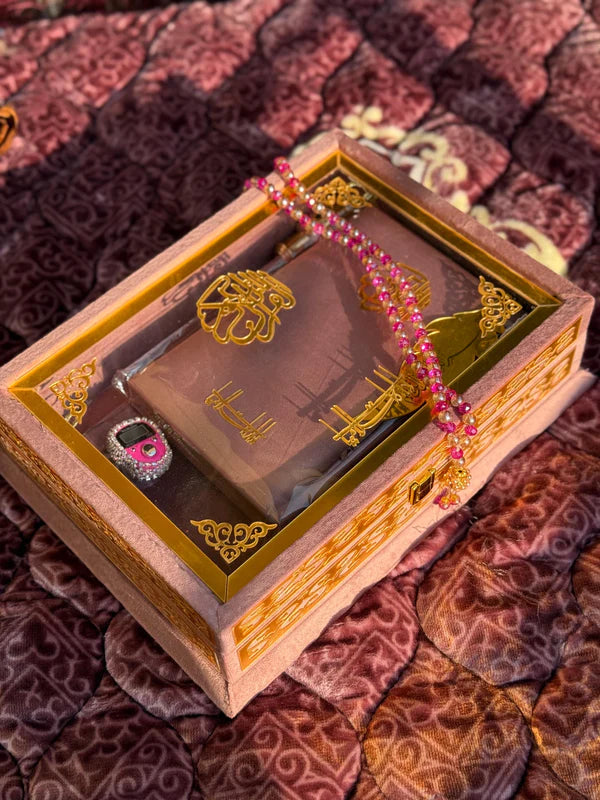 Ziwaj Pink Transparent Set ,Velvet Rahal, Velvet Box , Ittar , Tasbeeh , Counter , Prayer Mat