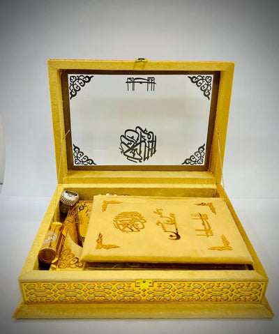 Ziwaj Golden Transparent Quran Gift Set – With Tasbih, Ittar & Prayer Mat
