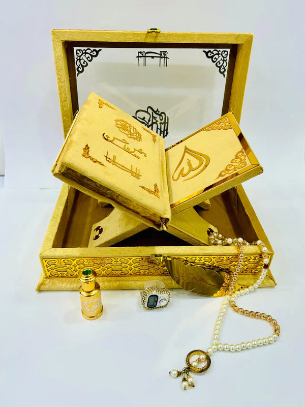 Ziwaj Golden Transparent Quran Gift Set – With Tasbih, Ittar & Prayer Mat